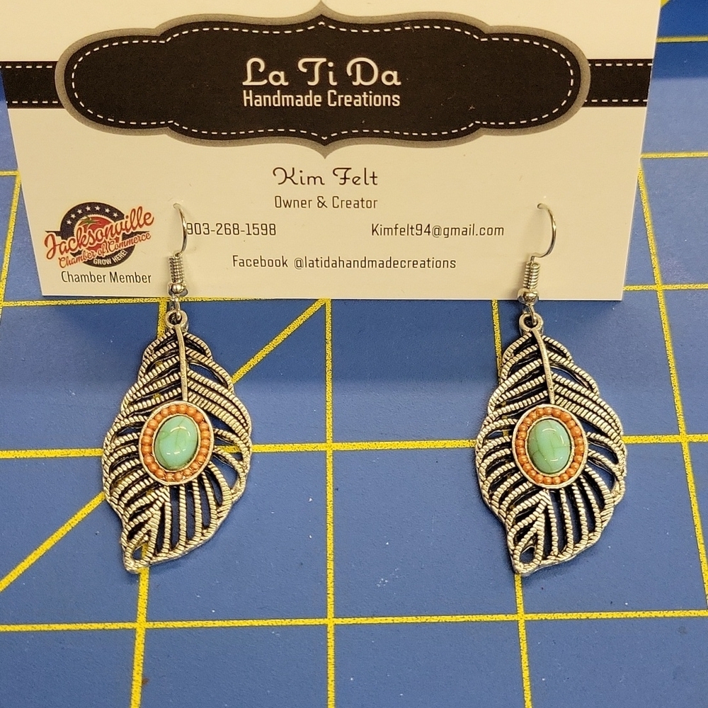 Leaf Turquoise Silver Tone Dangle Earrings